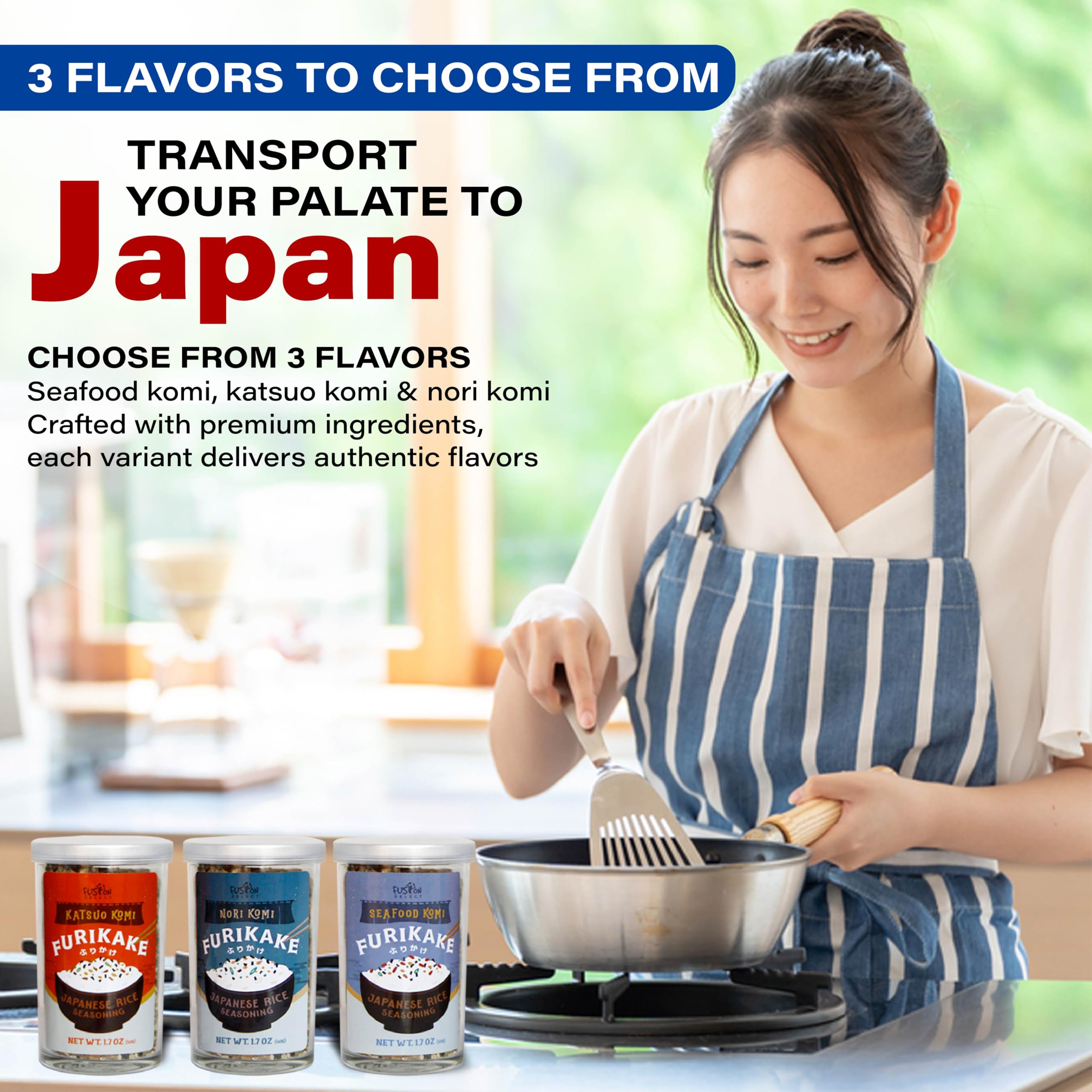 Furikake sprinkled on a steaming bowl of rice featuring prawns and sesame