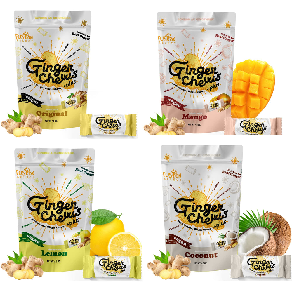 Fusion Select Ginger Chews on bag front highlighting real ginger flavor for everyday snacking