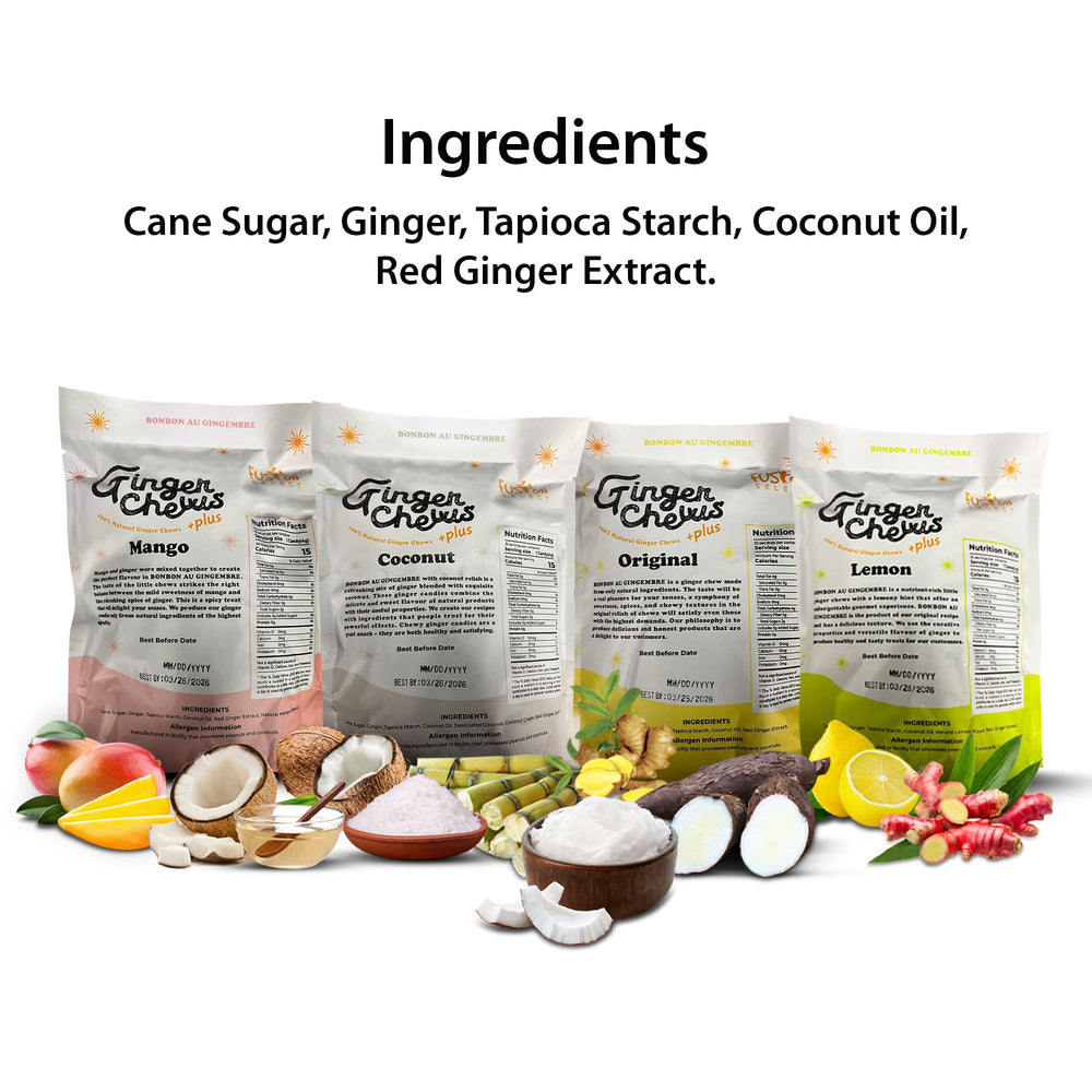 Fusion Select Ginger Chews variety pack shows four flavors for versatile tasting experiences