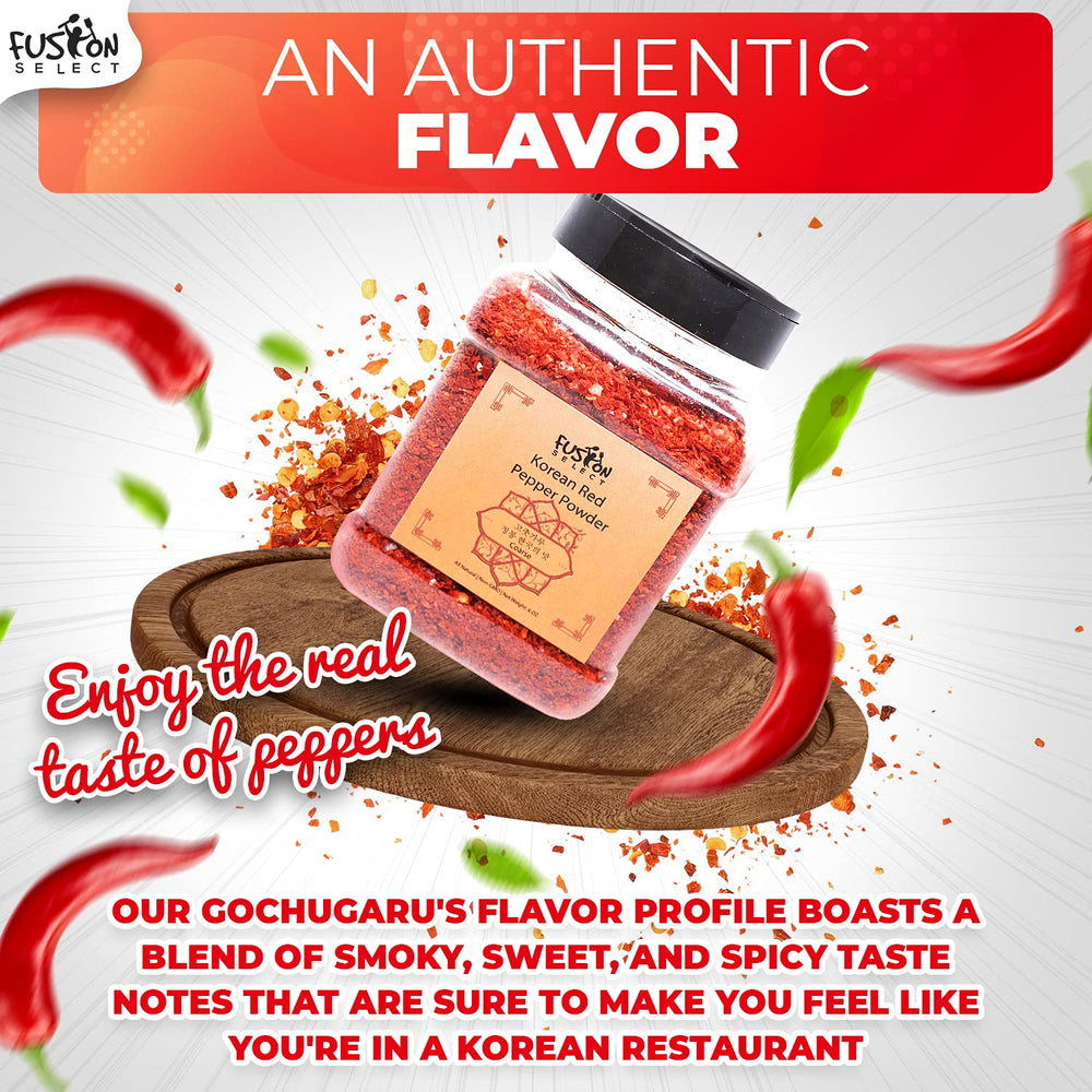 Fusion Select gochugaru jar pouring indicates versatile heat for meats and vegetables