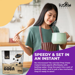 Fusion Select Instant Boba pearls prepared with boiling water for quick chew.