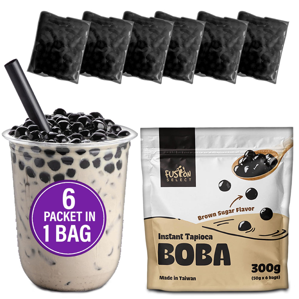 Fusion Select Instant Boba brown sugar pearls in a six-pack for quick home bubble tea.