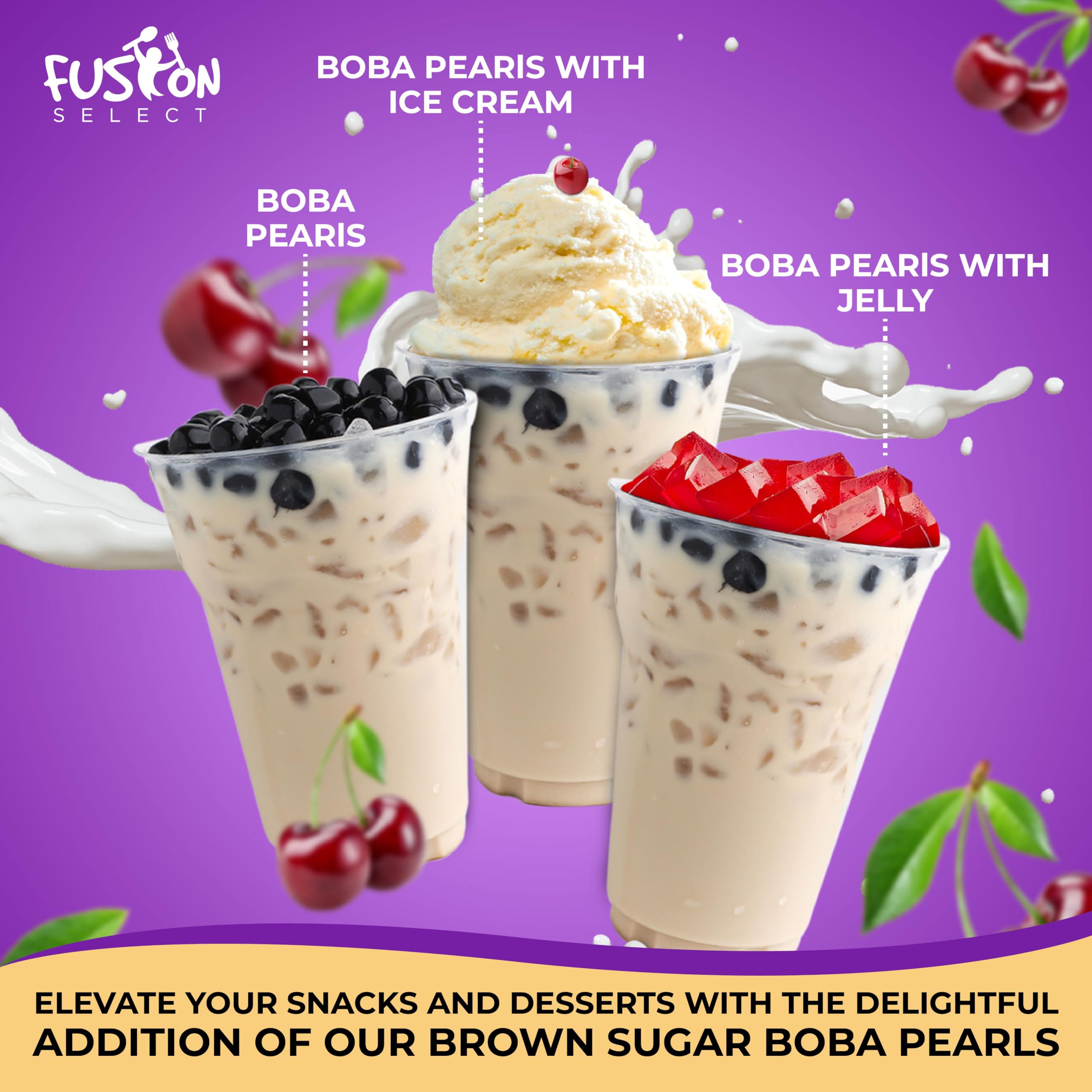 Fusion Select Instant Boba pearls shown for microwave-ready preparation.