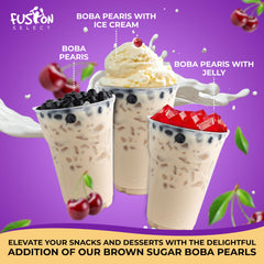 Fusion Select Instant Boba pearls shown for microwave-ready preparation.