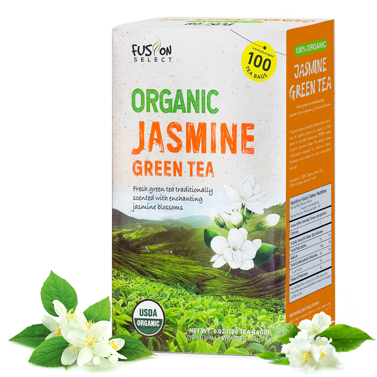 Fusion Select Jasmine Green Tea bags ready for a fragrant brew.