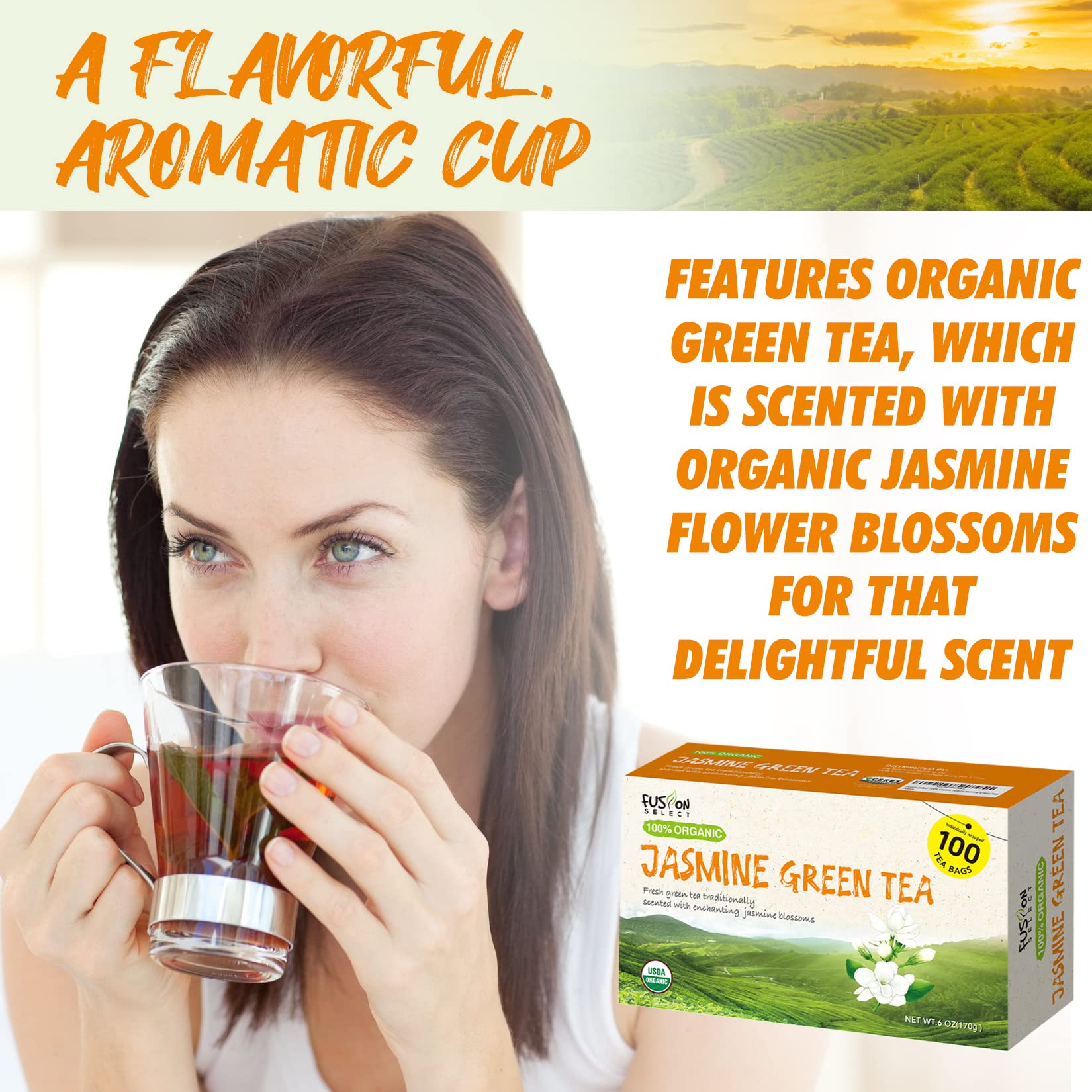 Fusion Select Jasmine Green Tea in a clear cup reveals golden brew.