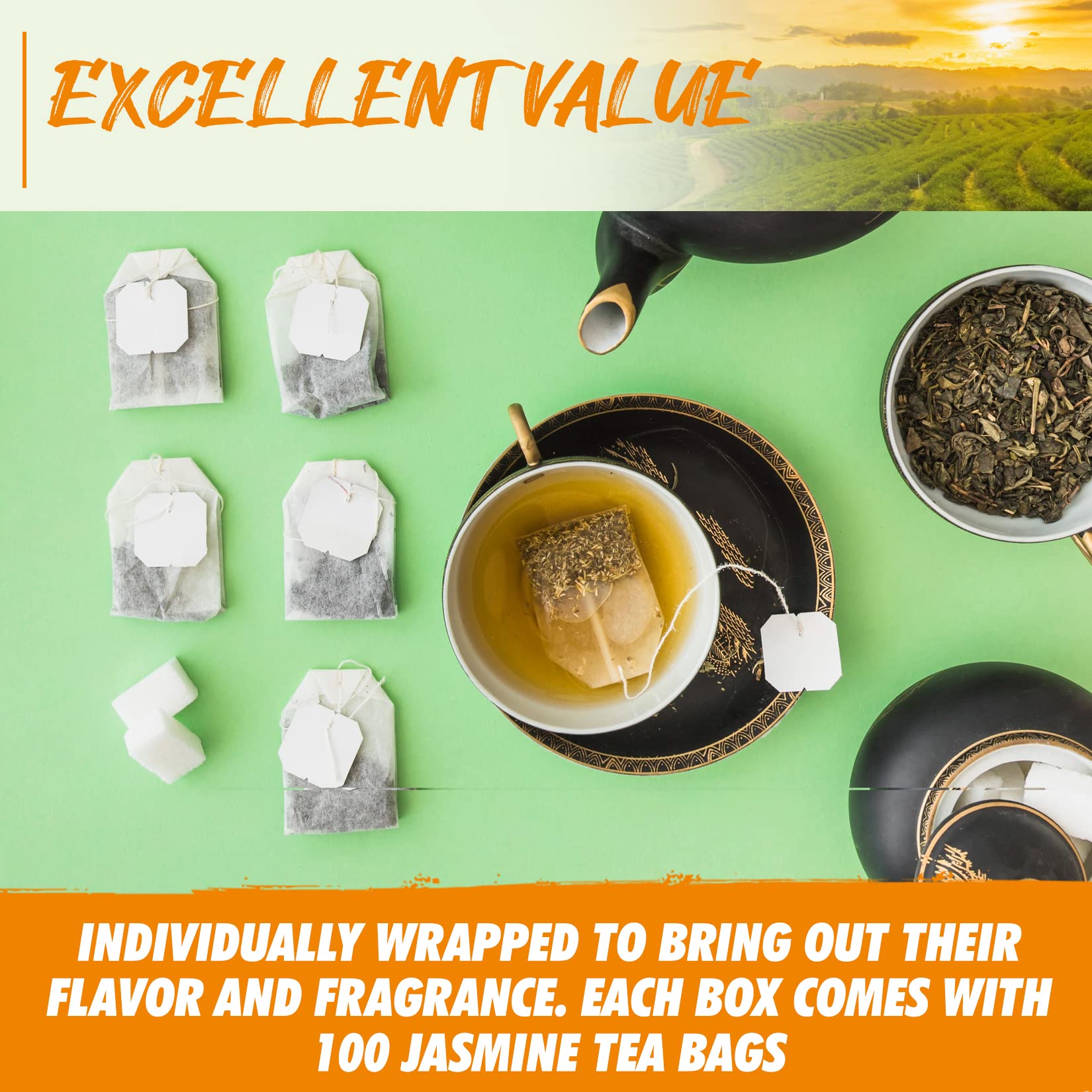 Fusion Select Jasmine Green Tea packaging box with label and serving info.
