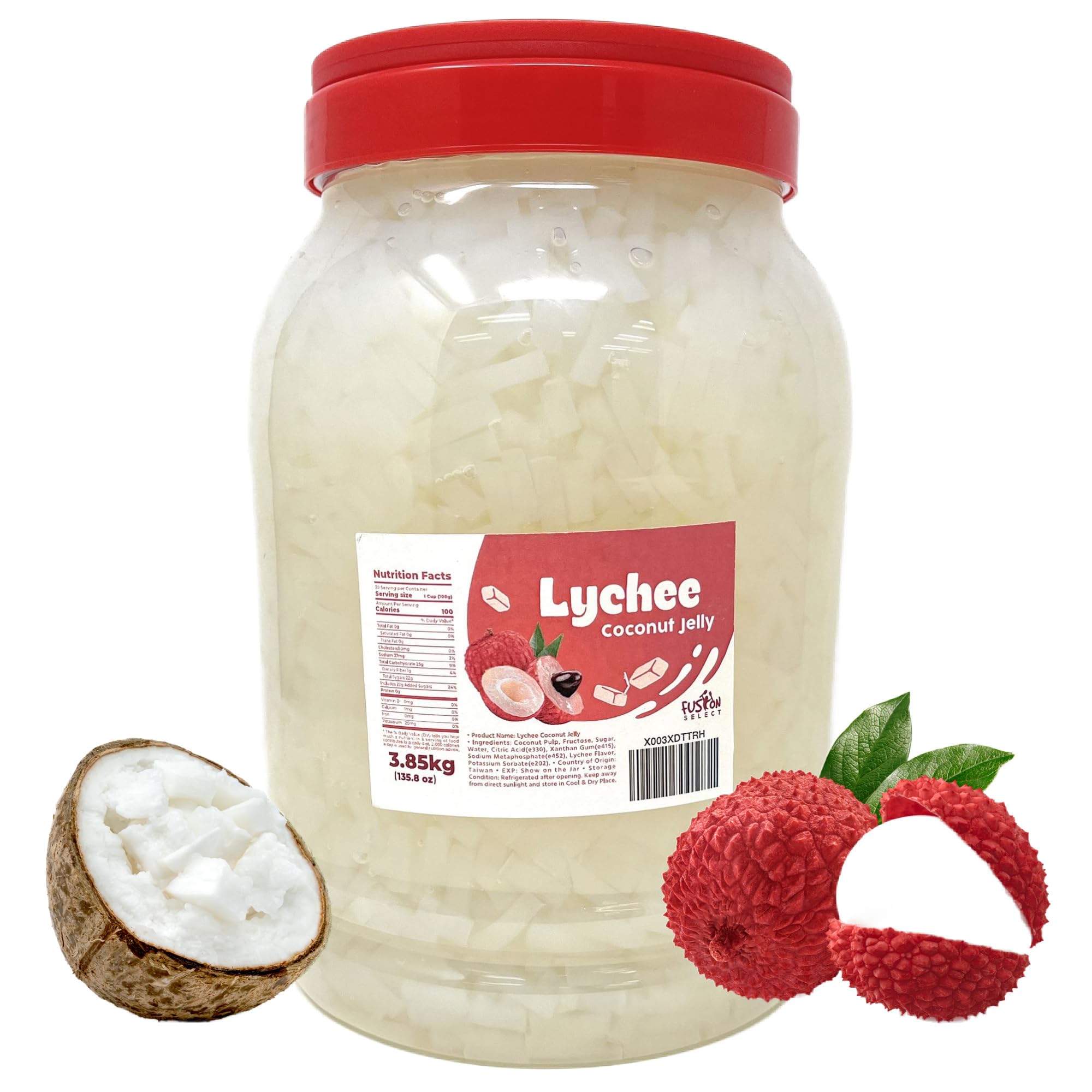 Fusion Select Lychee Coconut Jelly closeup, chewy pieces ideal for bubble tea and yogurt.