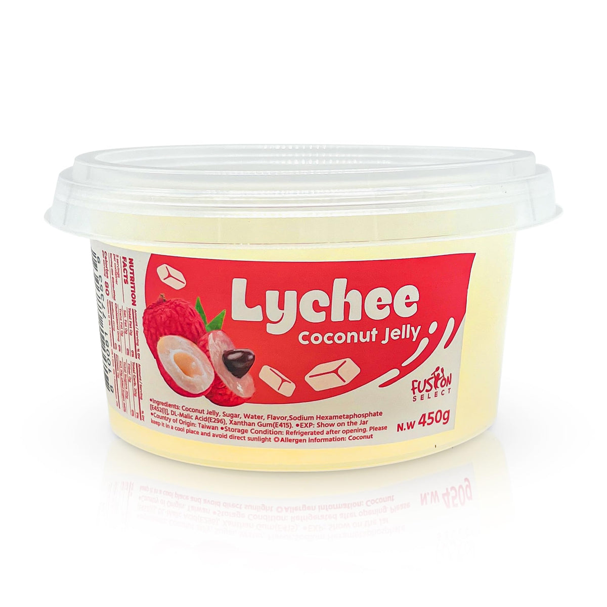 Fusion Select Lychee Coconut Jelly in a jar enhances bubble tea with fruity, chewy texture.