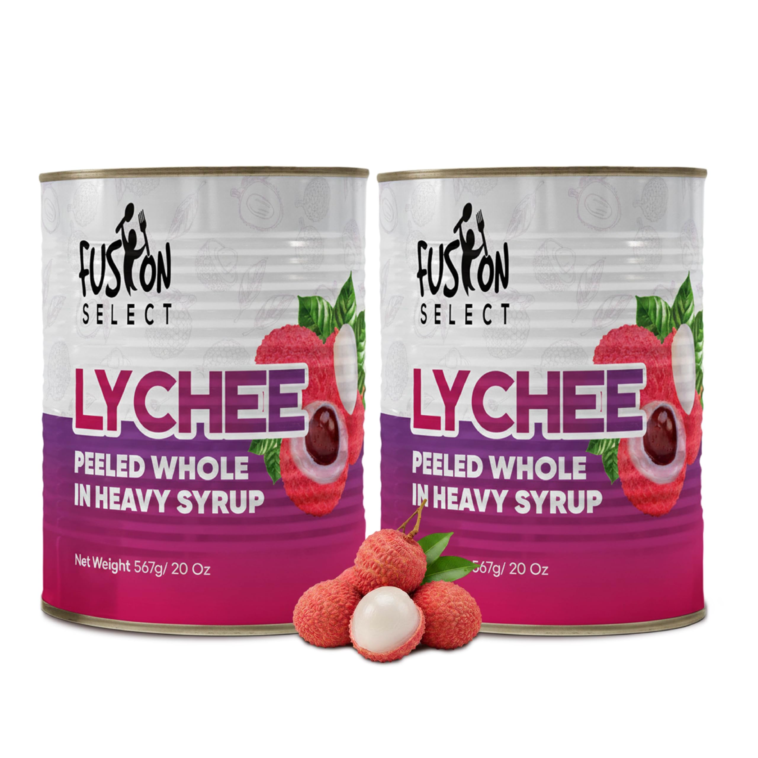 Fusion Select 2-pack lychees in syrup with glossy, ready-to-serve whole fruit.