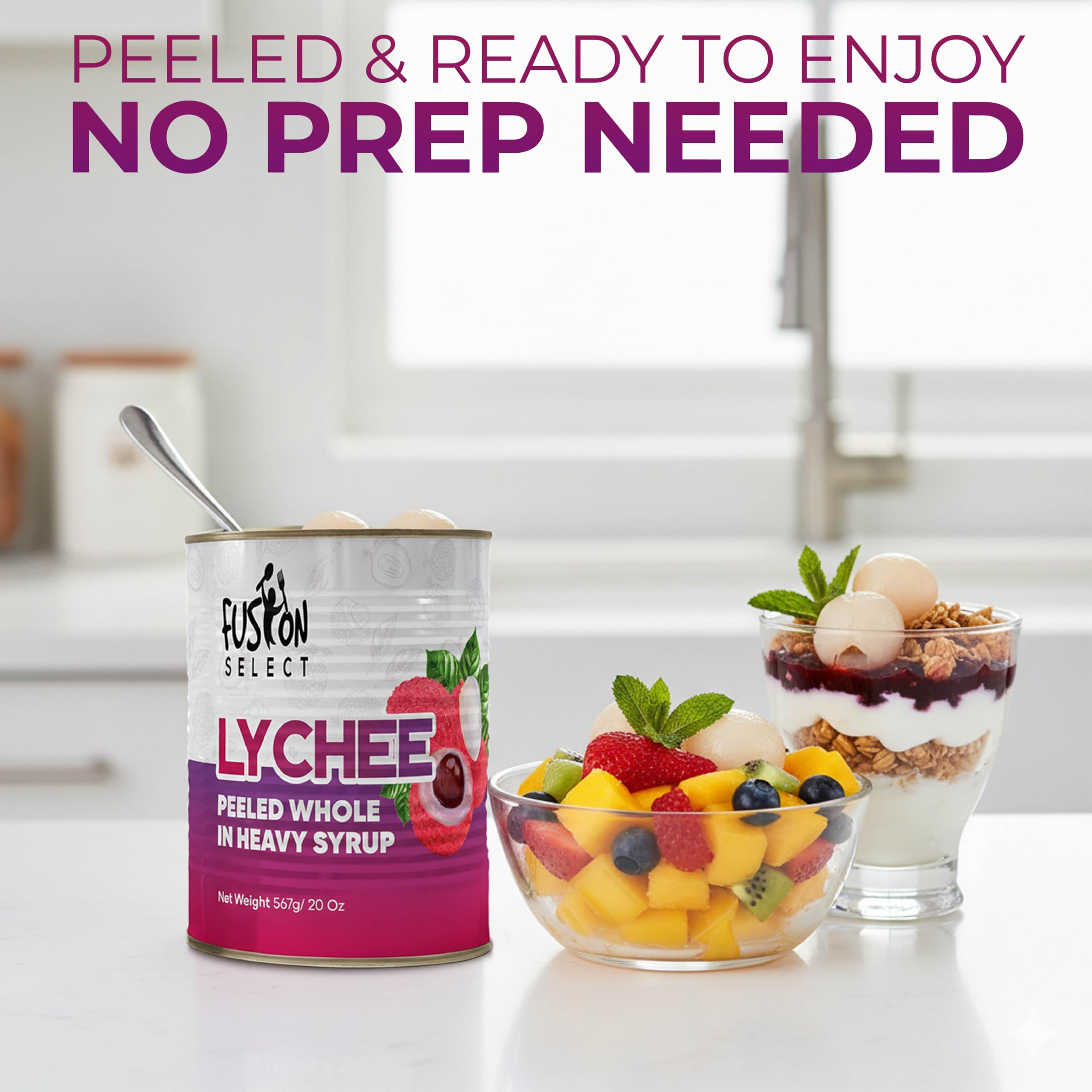 Fusion Select peeled lychees in syrup, convenient ready-to-serve fruit.