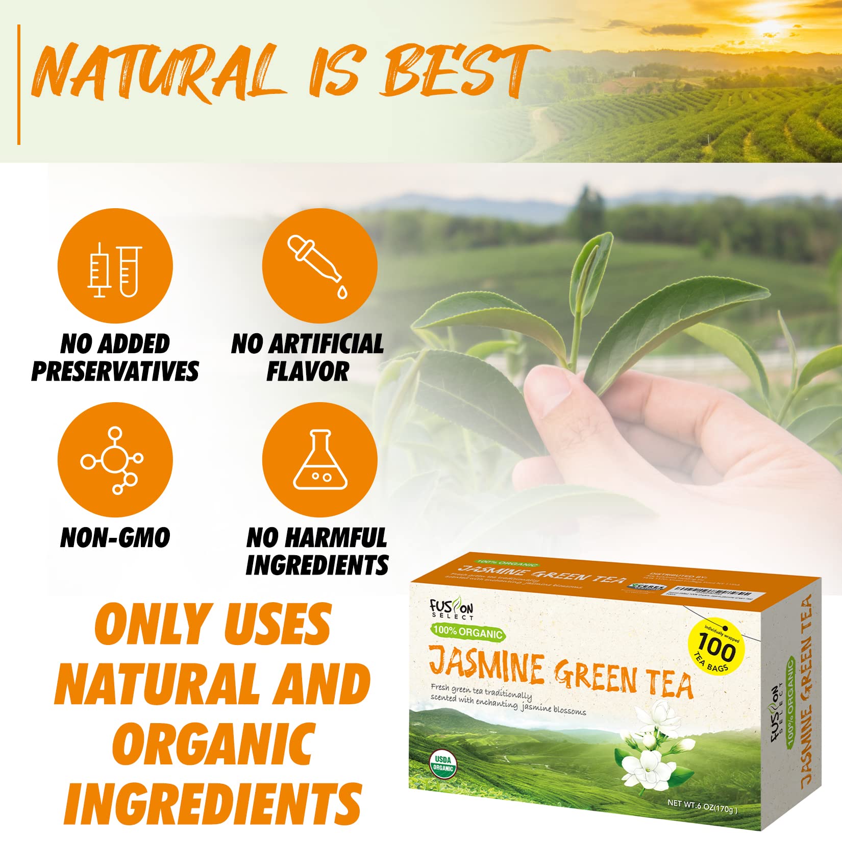 Fusion Select Organic Jasmine Green Tea label highlights organic quality.