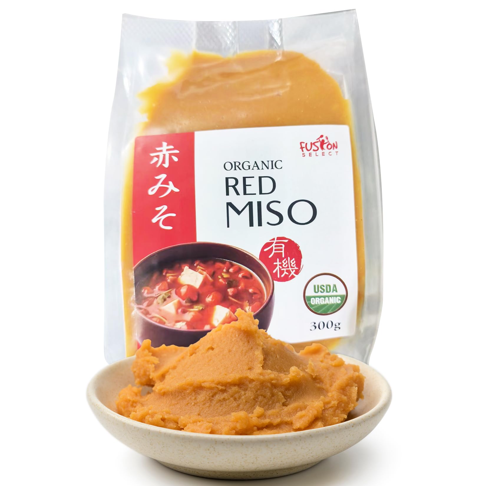 Fusion Select Organic Red Miso Paste bottle adds rich umami to soups and broths.