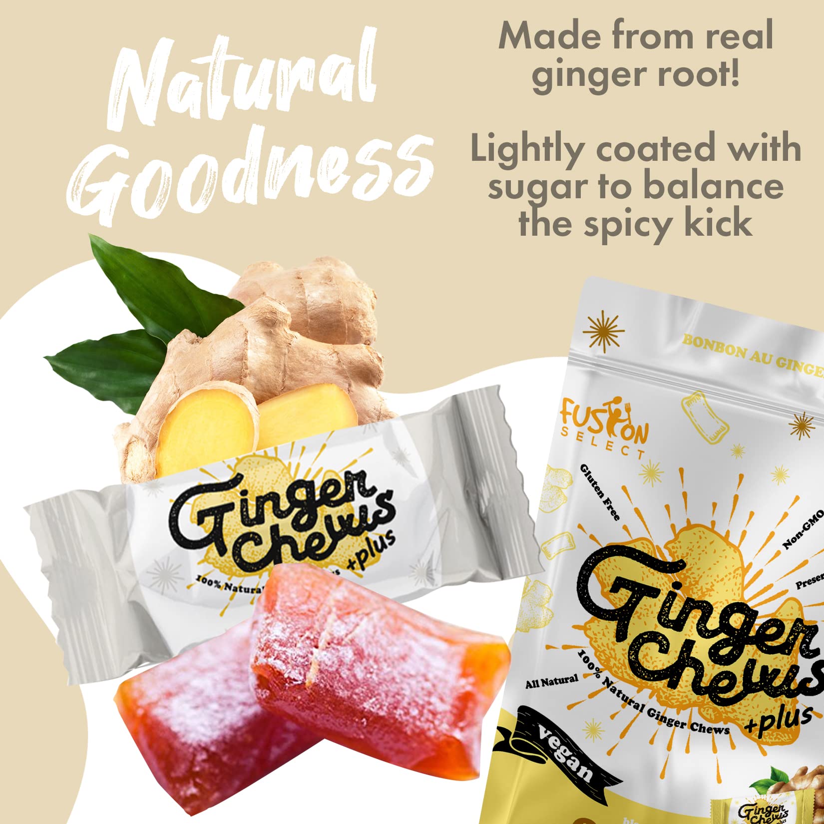 Fusion Select Original Ginger Chews vegan non-GMO label, a plant-based snacking option