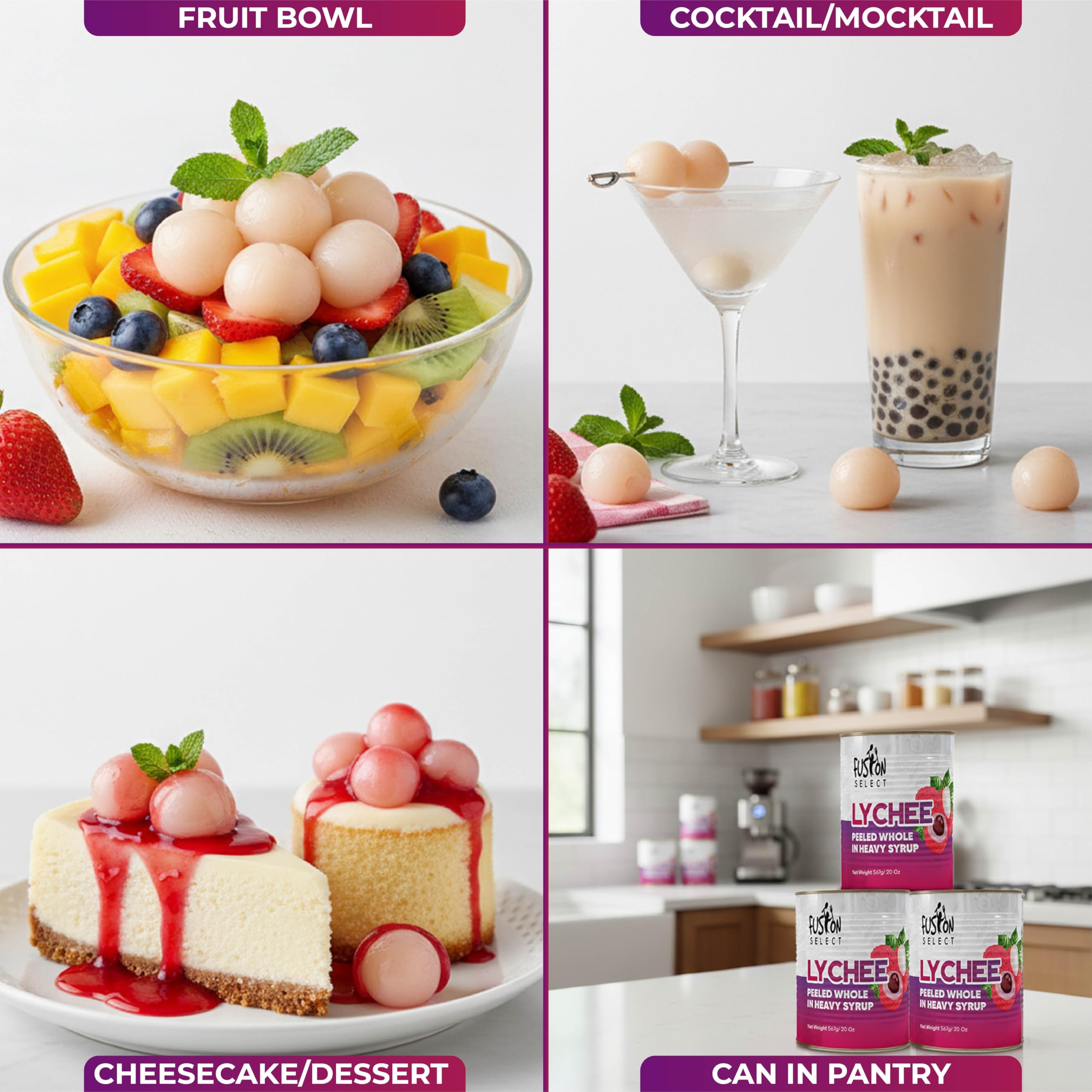 Fusion Select 20oz lychee cans offer pantry-friendly convenience.