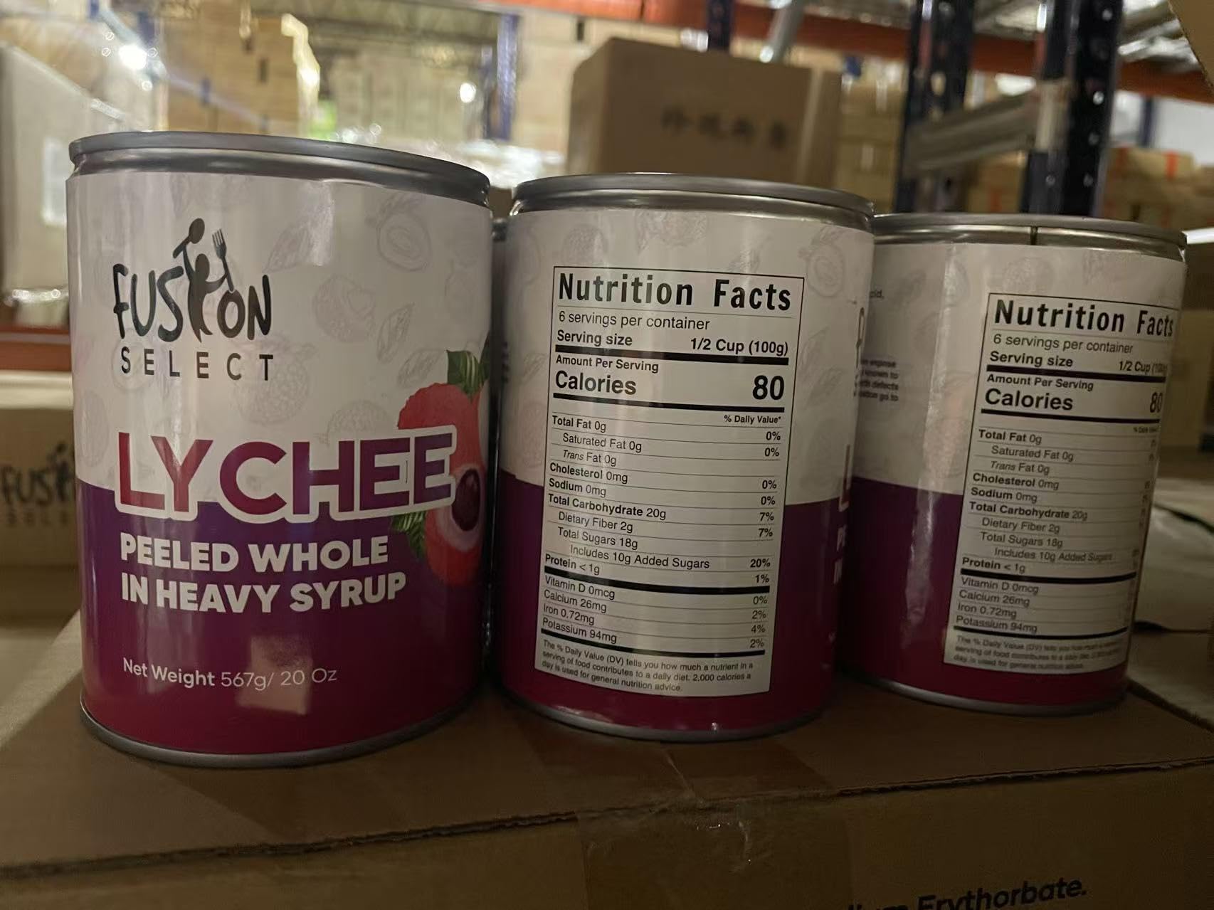 Fusion Select 20oz can presentation showcasing pantry-ready lychee cans.