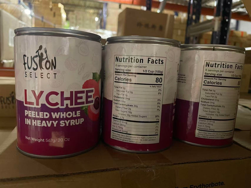 Fusion Select 20oz can presentation showcasing pantry-ready lychee cans.