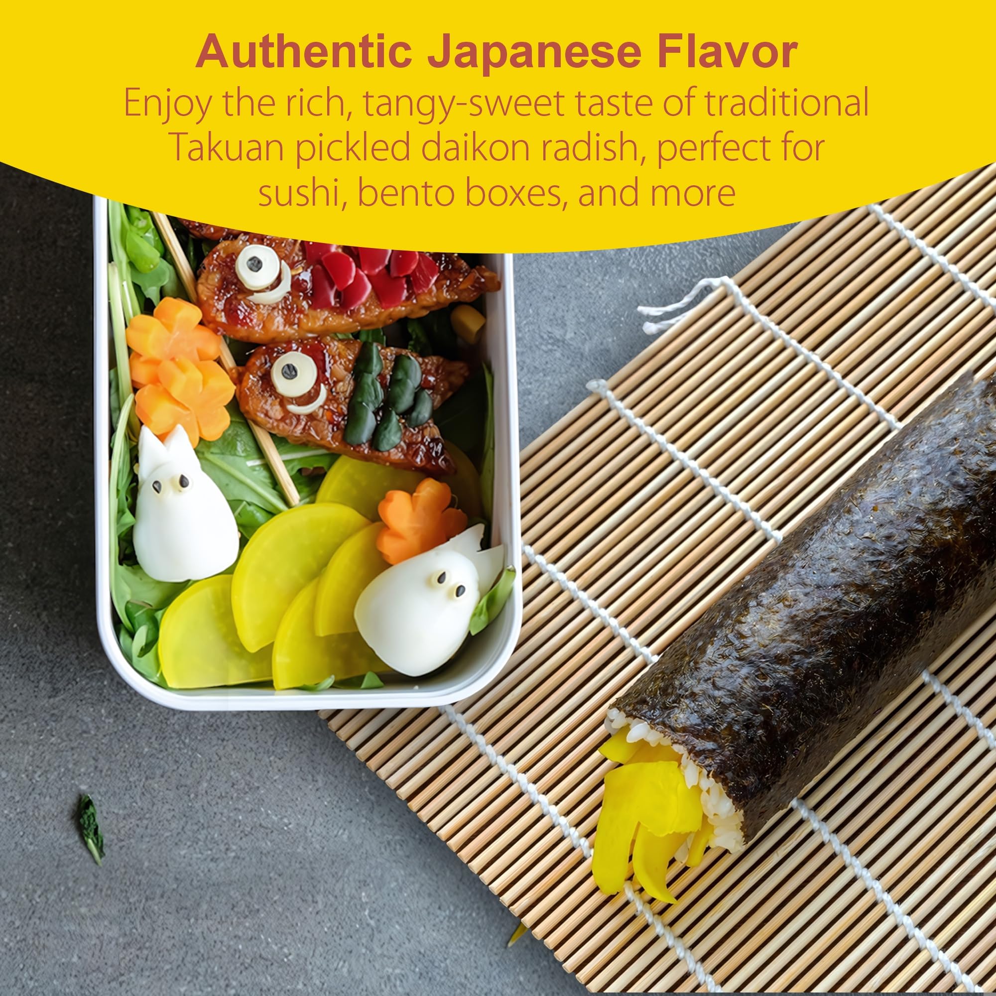 Fusion Select Pickled Radish Takuan displayed in a bento for color and texture.