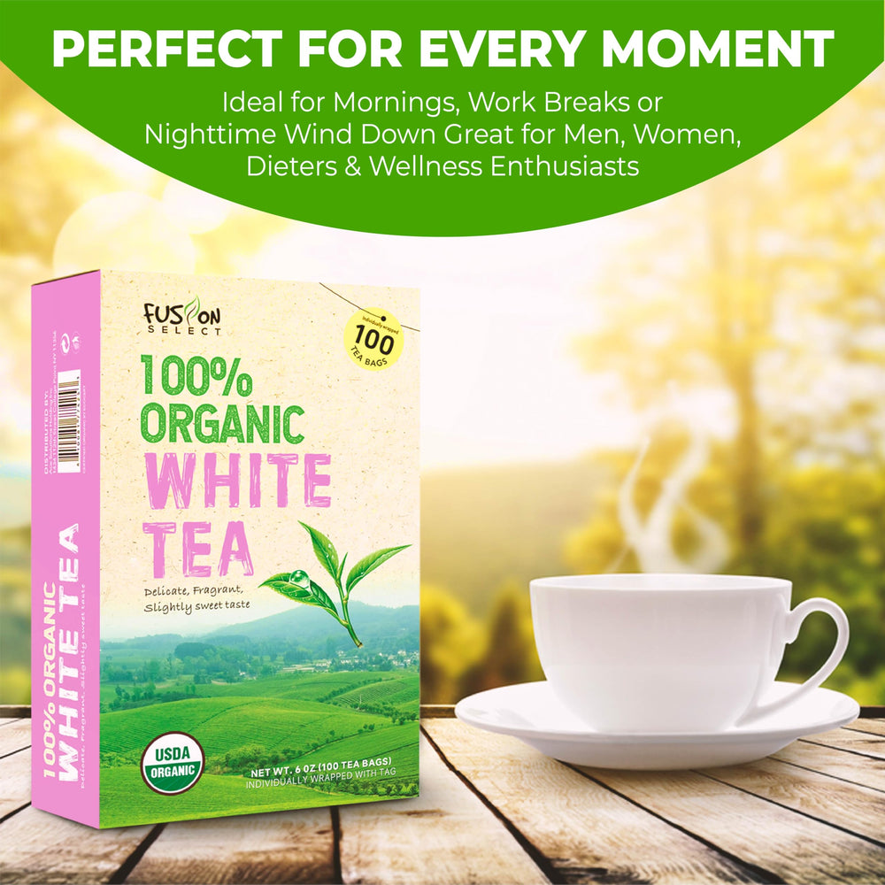 Pouring Fusion Select white tea bag into cup demonstrates easy, balanced infusion.
