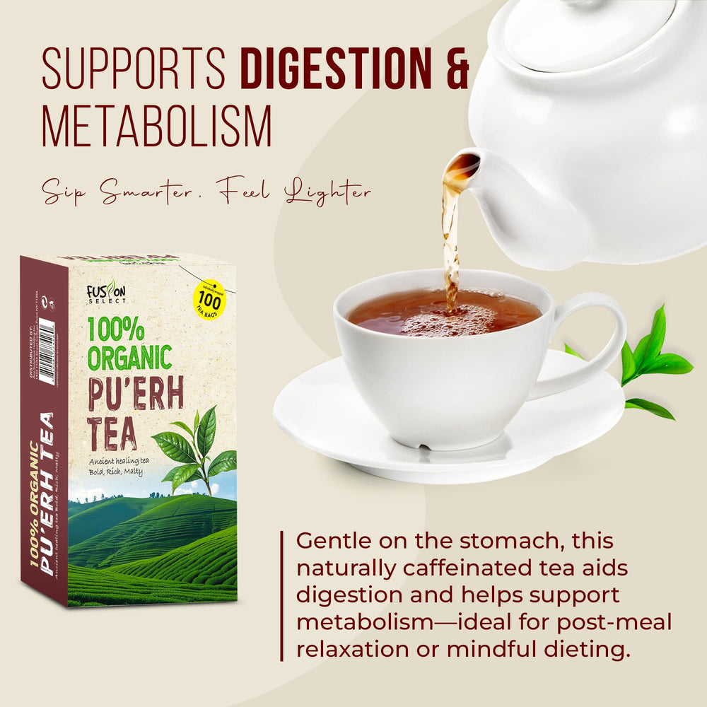 Pu'erh tea bag highlighting natural antioxidants and gentle digestion.