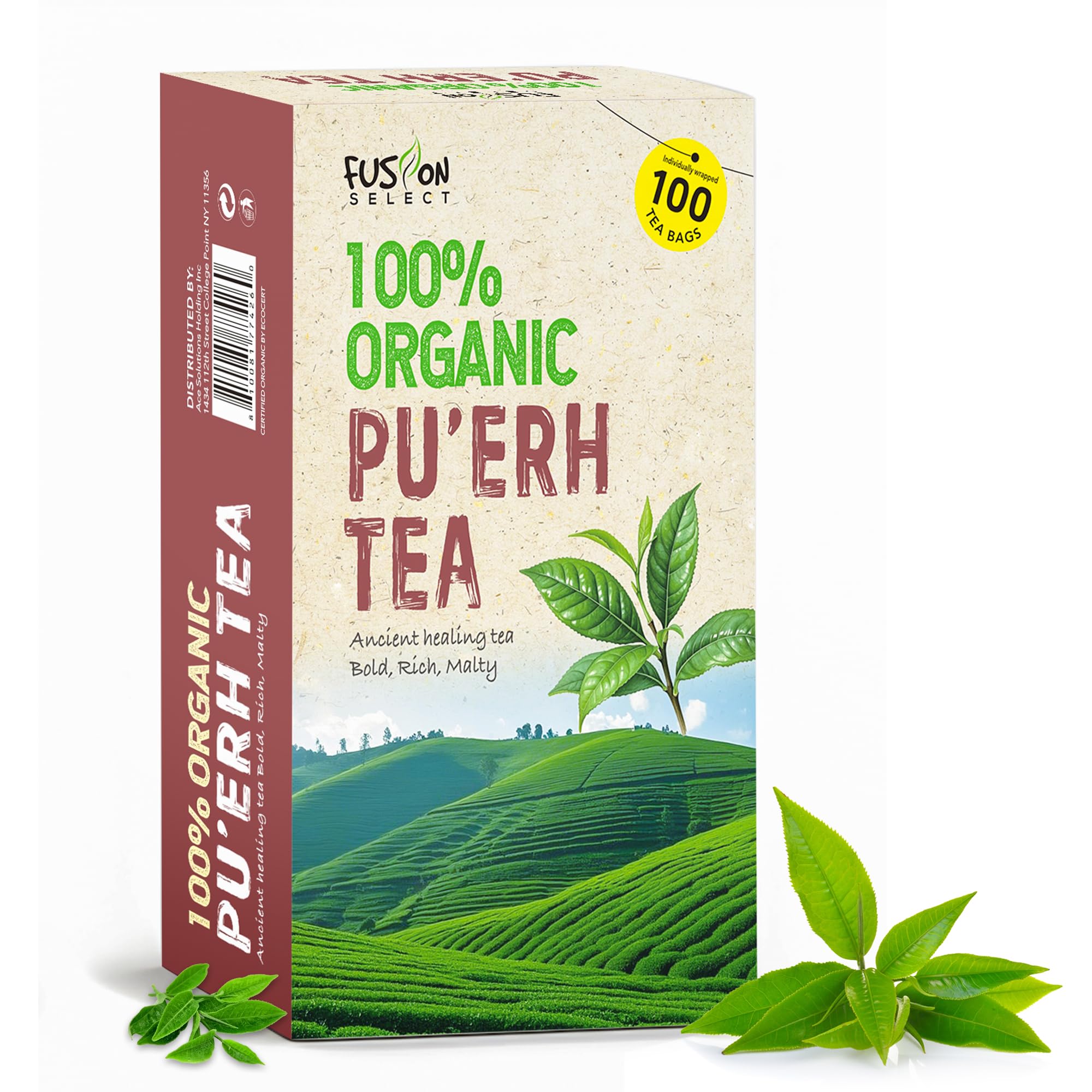 Fusion Select Pu'erh tea bag steeping for a calming cup.