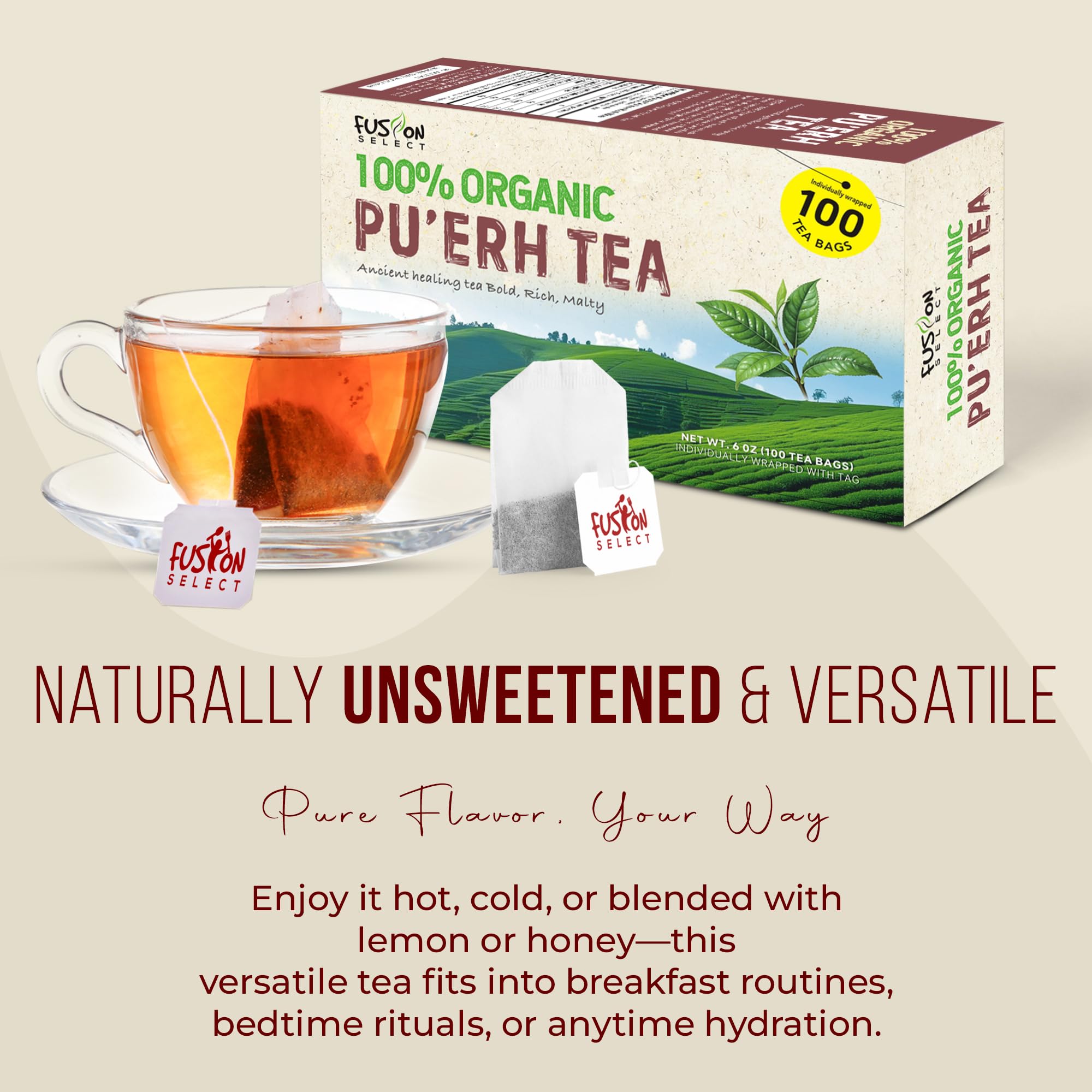 Box of Fusion Select Pu'erh tea bags for daily rituals.