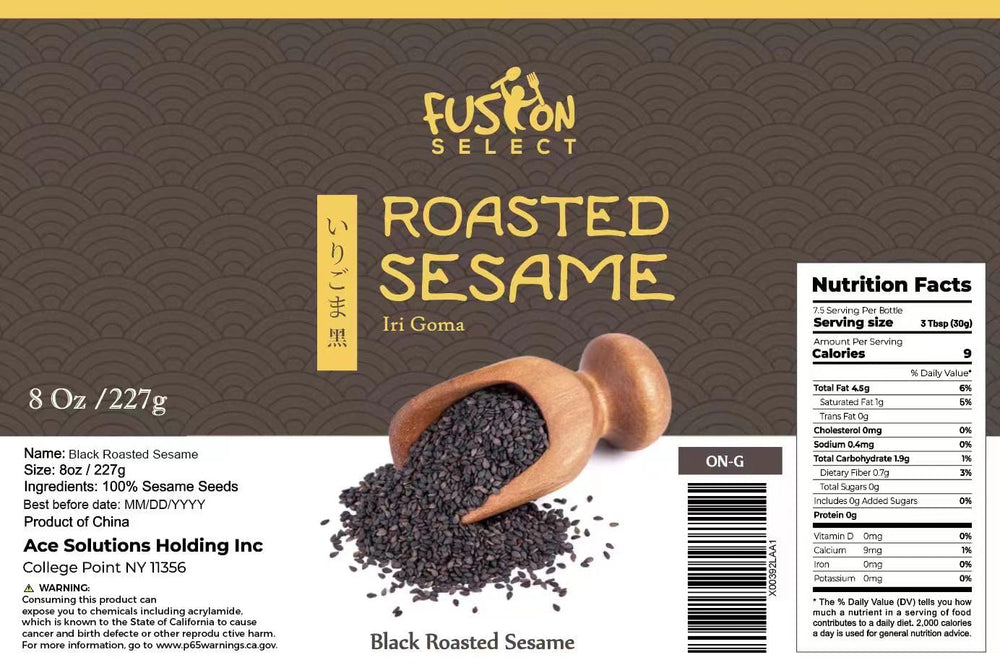 Fusion Select roasted black sesame seeds bottle close-up shows glossy seeds ready to sprinkle.