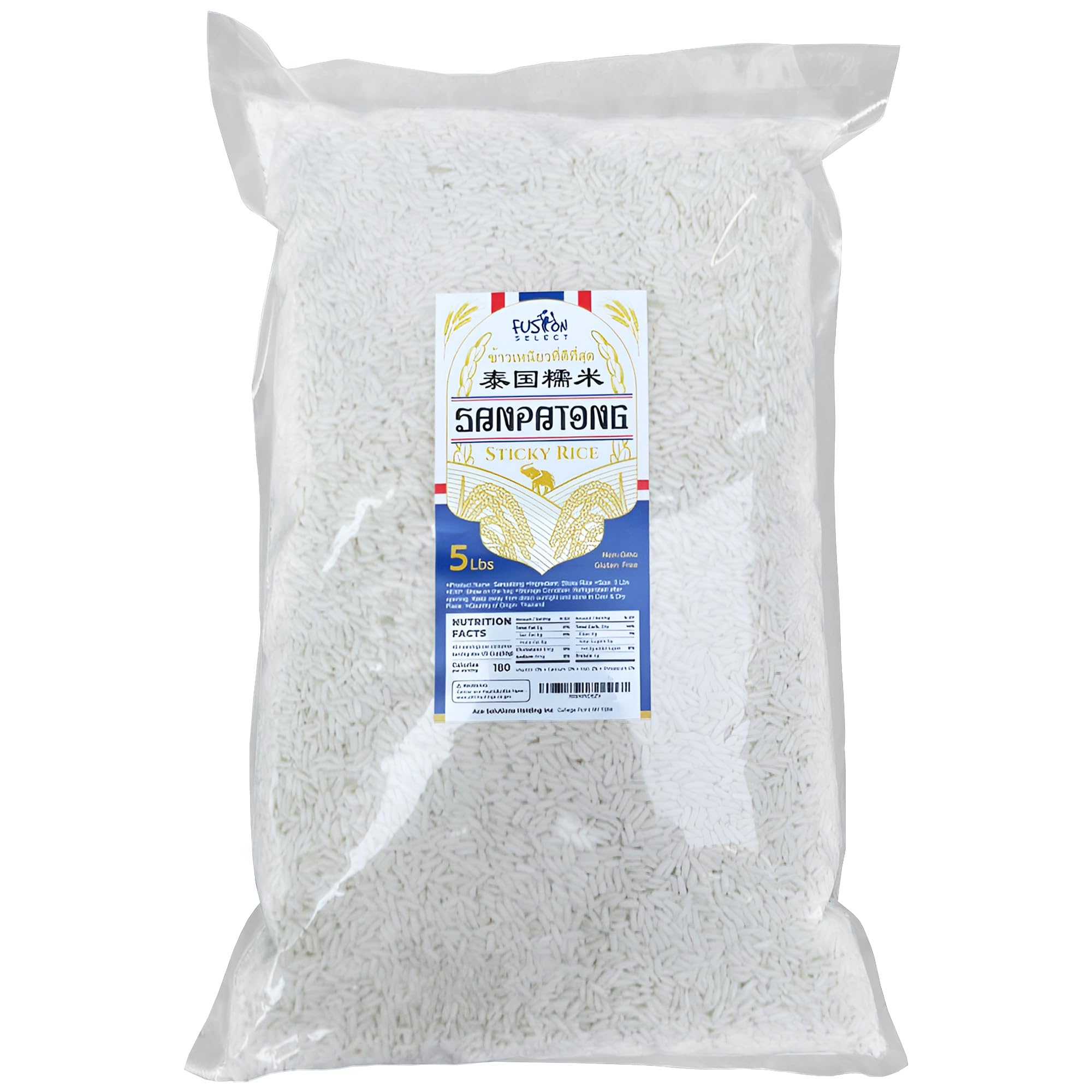 Fusion Select Sanpatong sticky rice bag front highlights GMO-free, gluten-free quality.