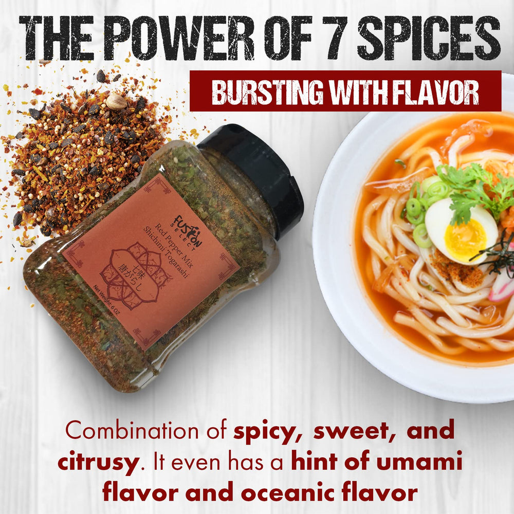 Fusion Select Shichimi Togarashi ingredients closeup reveals colorful chili and sesame seeds.