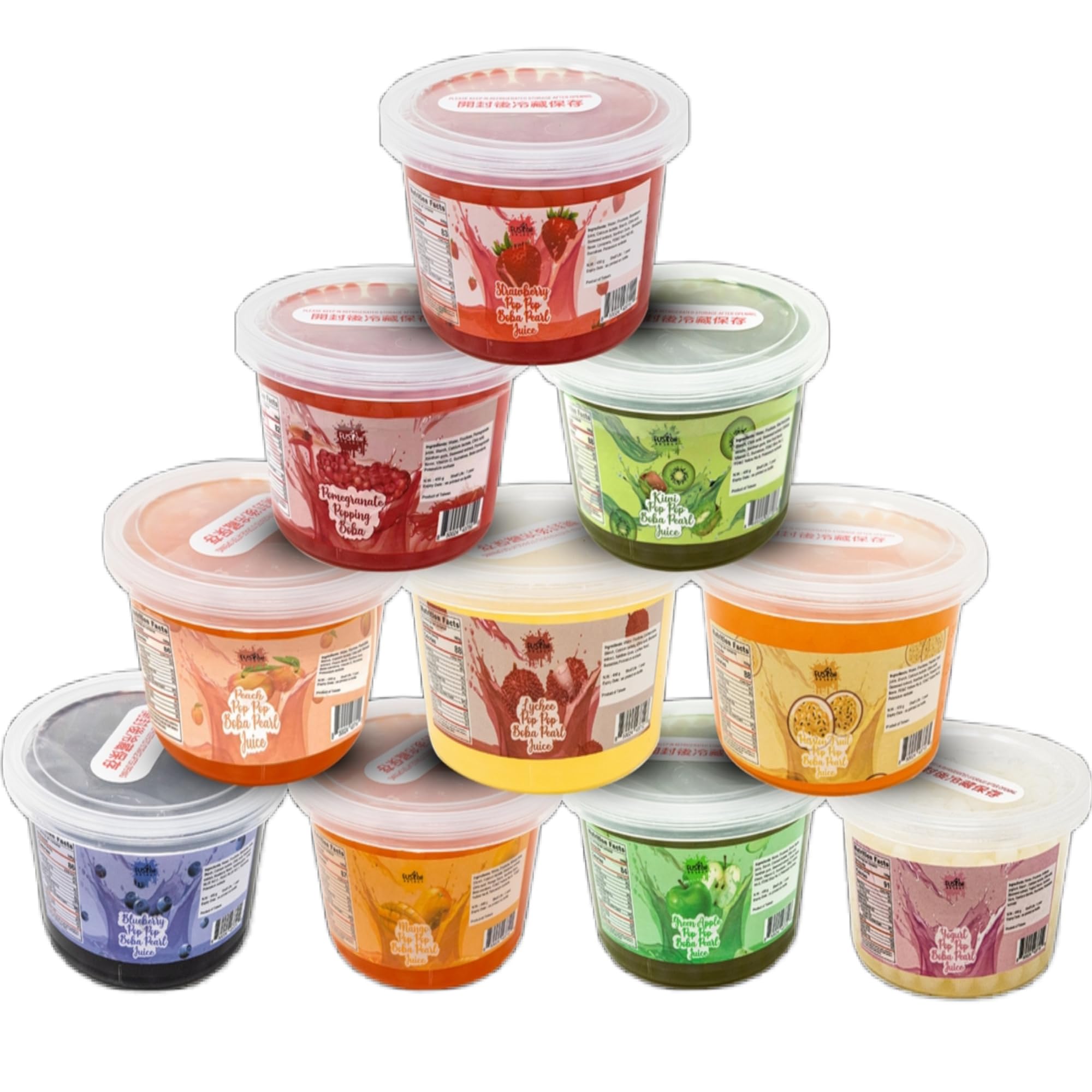 Fusion Select six flavors bursting bobaz pack shot highlights colorful toppings for tea.