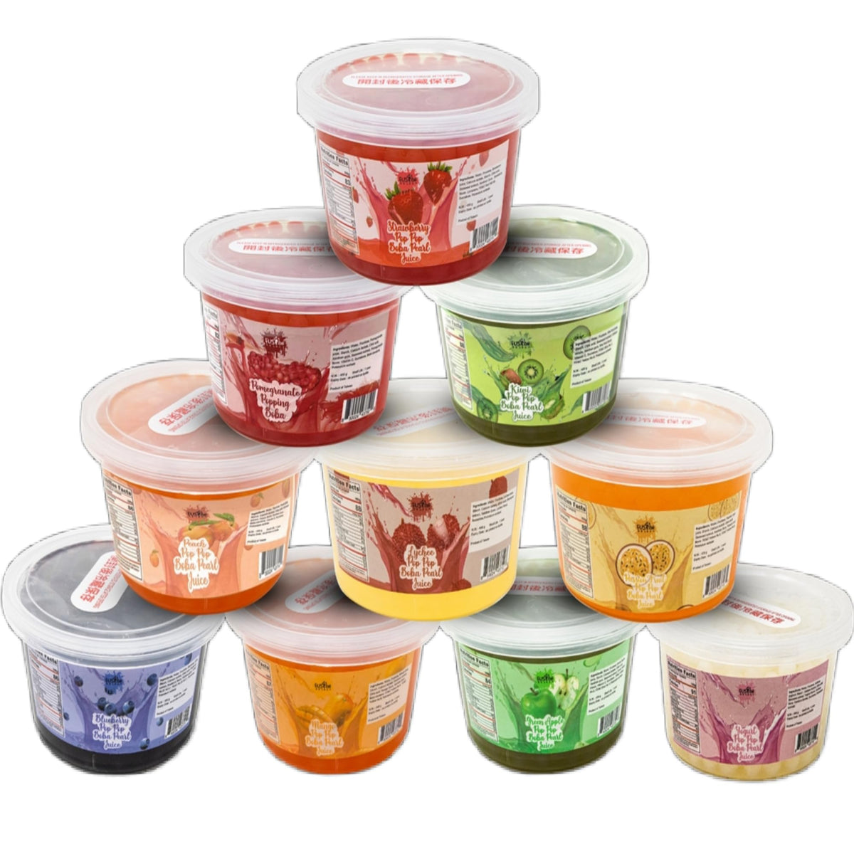 Fusion Select six flavors bursting bobaz pack shot highlights colorful toppings for tea.