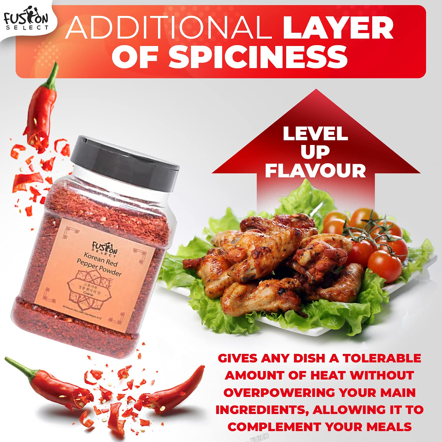 Fusion Select spicy chili flakes on kimchi dish suggest authentic Korean seasoning
