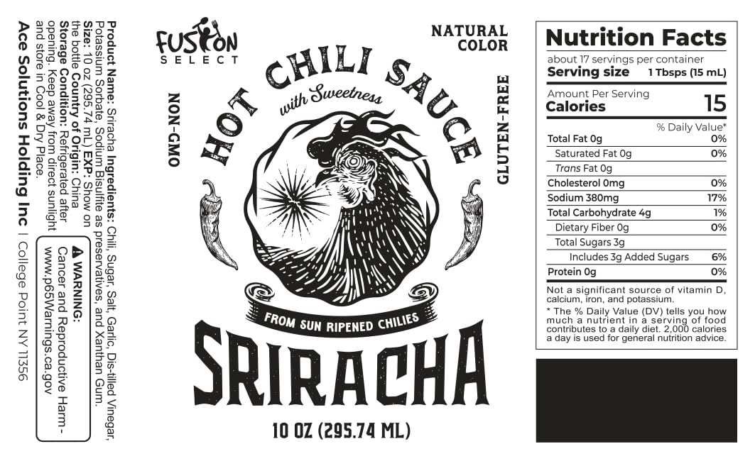Fusion Select Sriracha bottle back label shows natural color for vibrant dishes