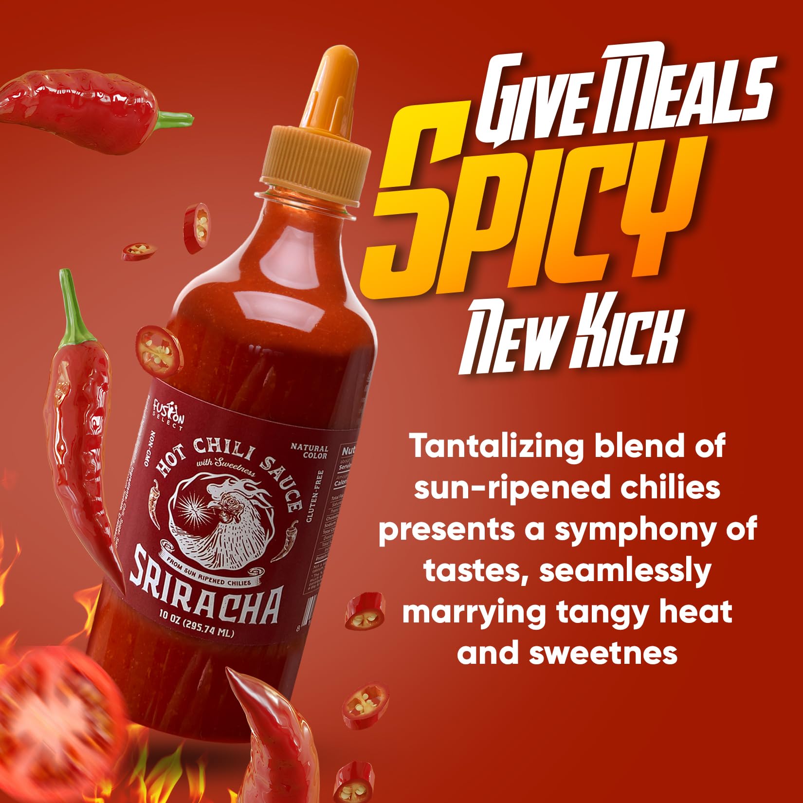 Fusion Select Sriracha ingredients close-up highlights sun-dried chilies