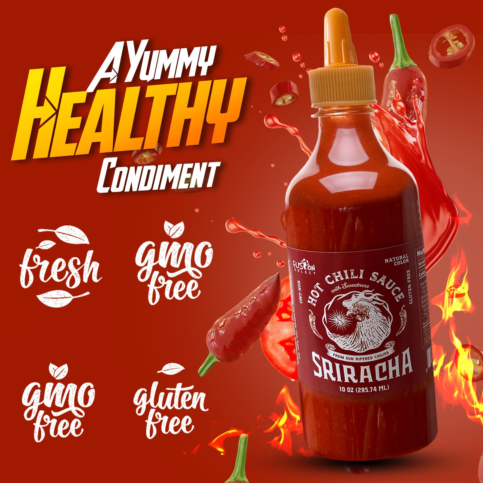 Fusion Select Sriracha label close-up shows natural color benefits