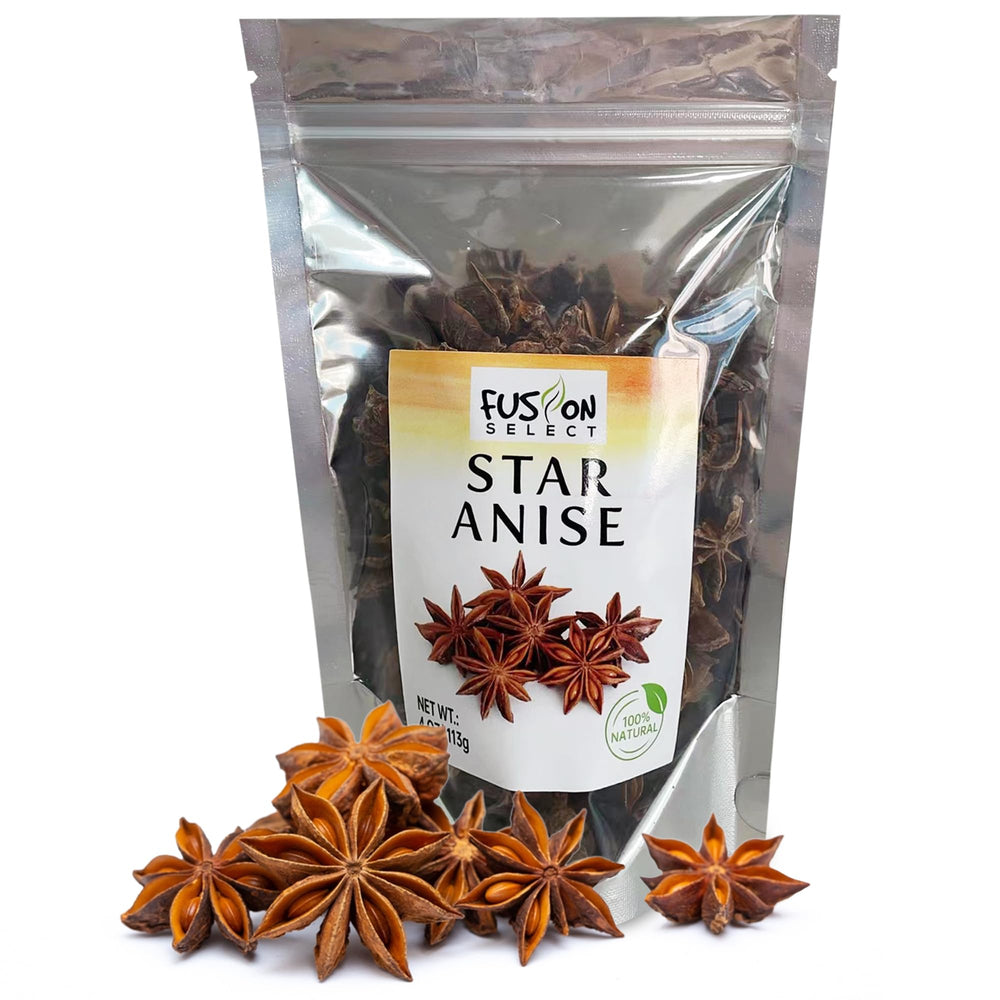 Fusion Select star anise whole badian spice in packaging preserves aroma for pantry storage.