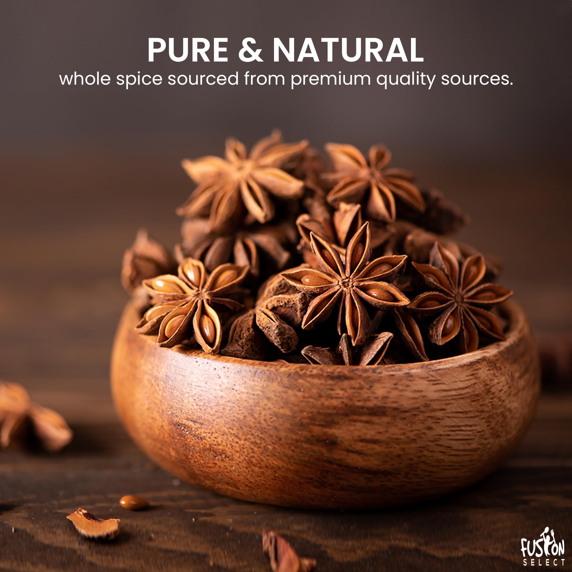 Fusion Select star anise whole badian spice pod closeup highlighting warm, sweet aroma.
