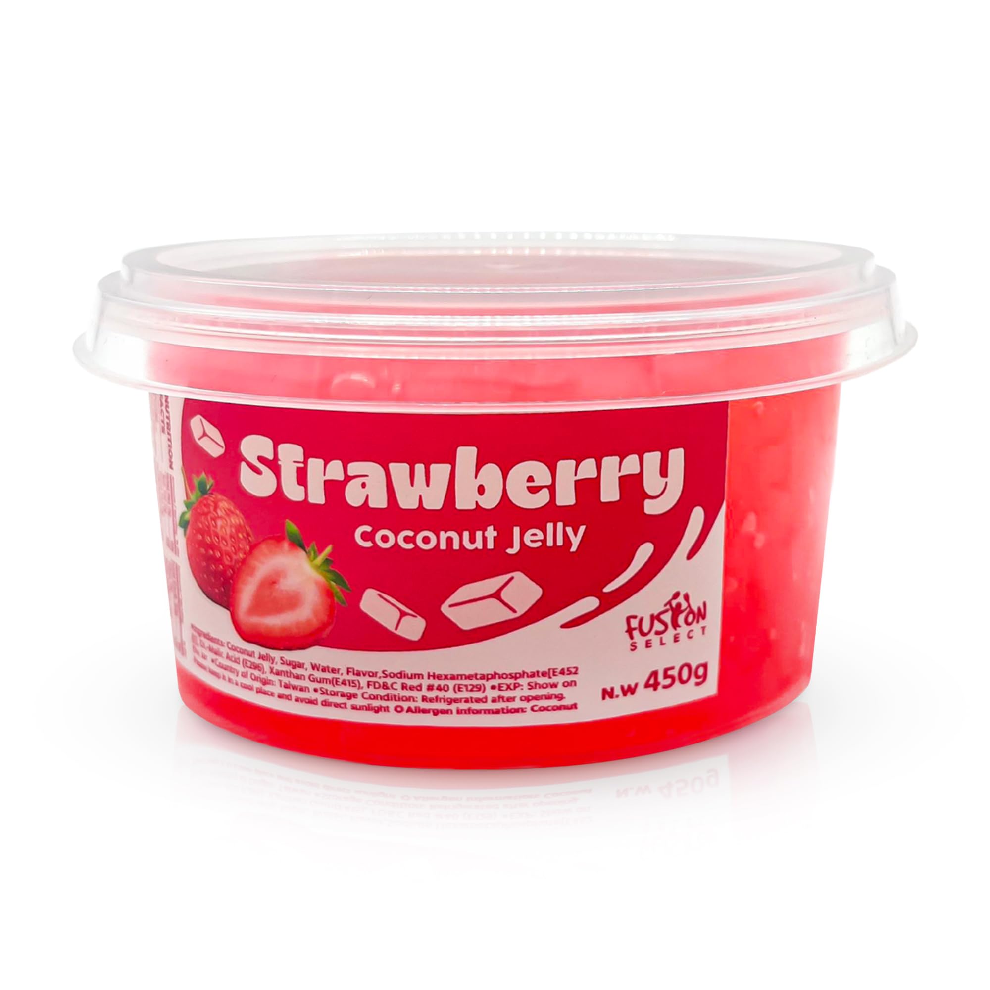 Fusion Select Strawberry Jelly coconut gel cubes—versatile dessert topping.