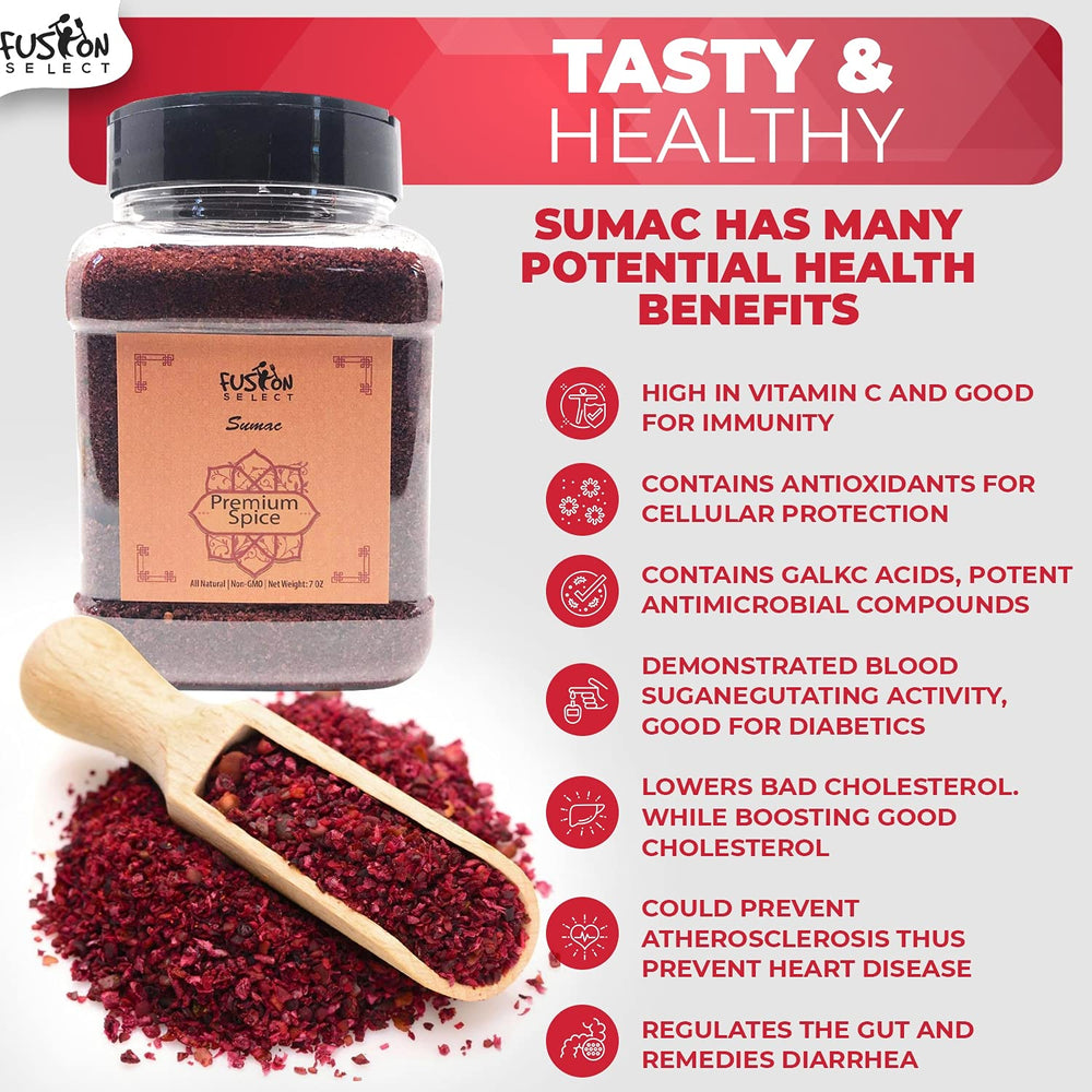 Fusion Select sumac spice bottle label highlights pure non-GMO spice