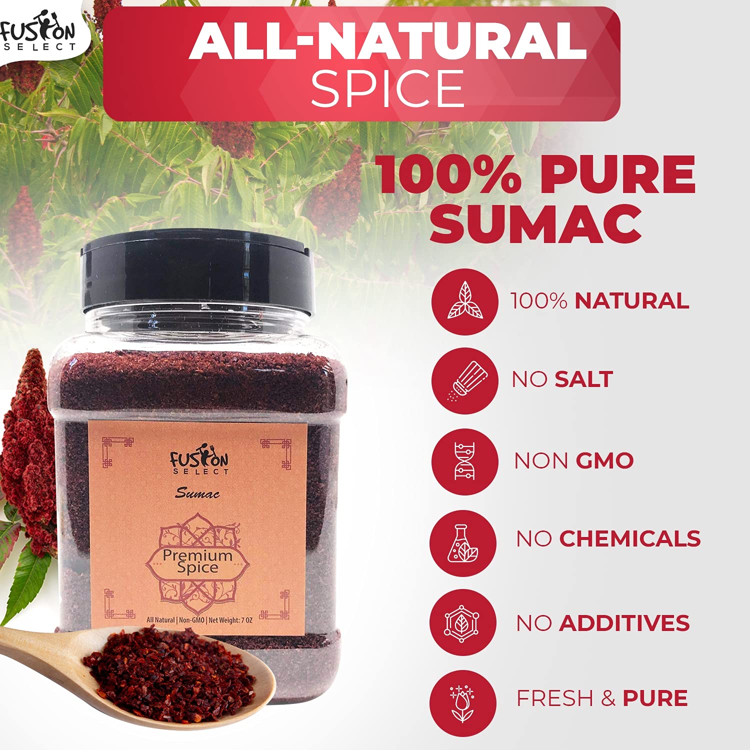 Fusion Select sumac spice closeup shows vibrant red-purple powder for tangy dressings