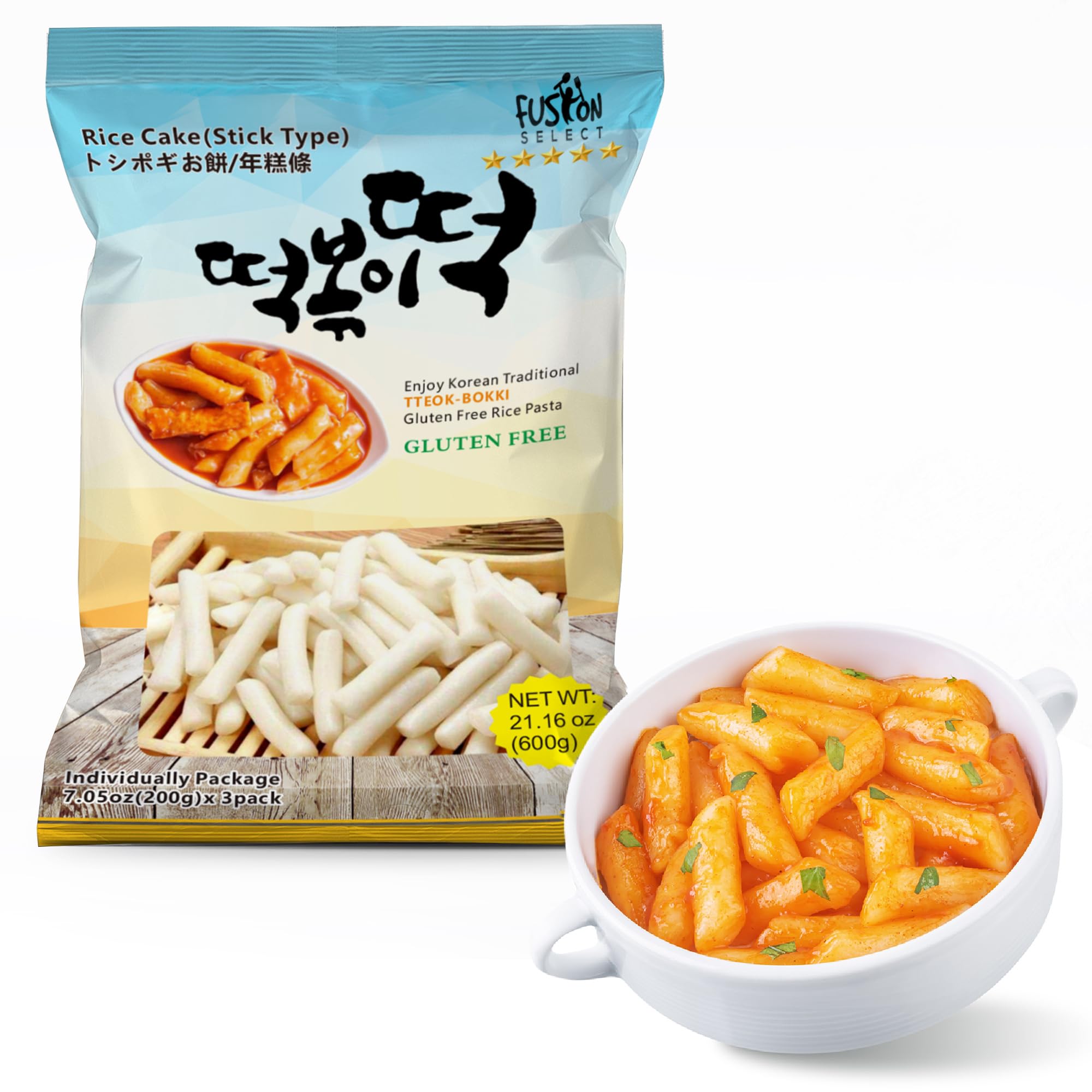 Fusion Select Tteokbokki sticks packaging showing a three-pack bundle for pantry prep