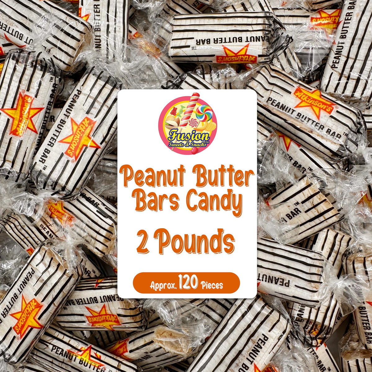 Fusion Sweets And Snacks peanut butter bars bulk bag on countertop for easy party prep.
