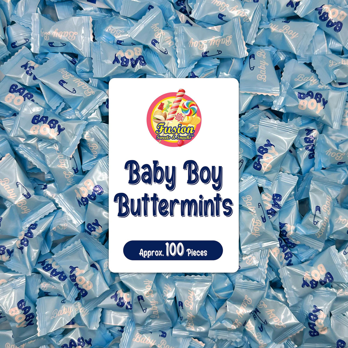 Fusion Sweets Baby Boy Buttermints in blue foil wrappers for baby showers and favors.