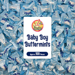 Fusion Sweets Baby Boy Buttermints in blue foil wrappers for baby showers and favors.