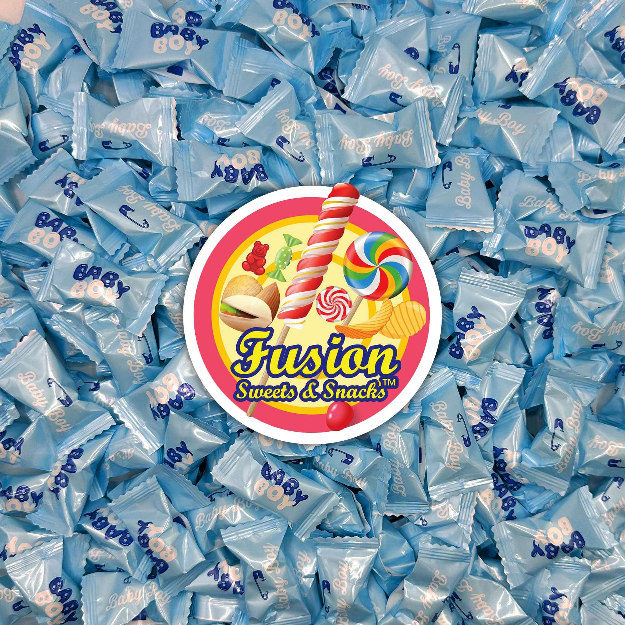 Fusion Sweets Baby Boy Buttermints blue wrappers brighten celebrations.