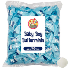 Fusion Sweets Baby Boy Buttermints on the dessert table add color and flavor.