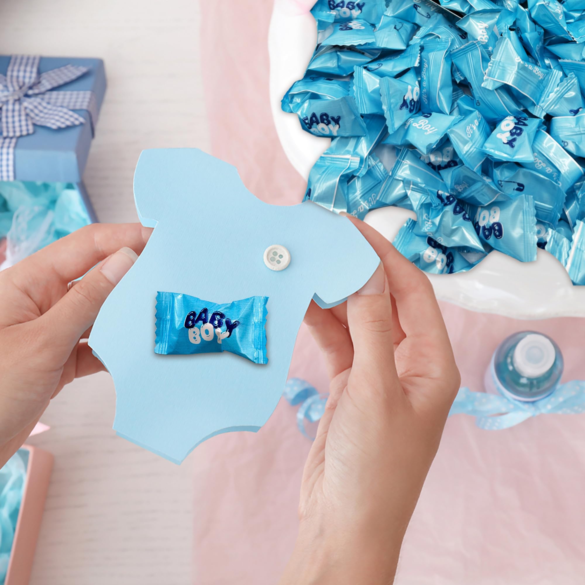 Fusion Sweets Baby Boy Buttermints fit gender reveal party displays.