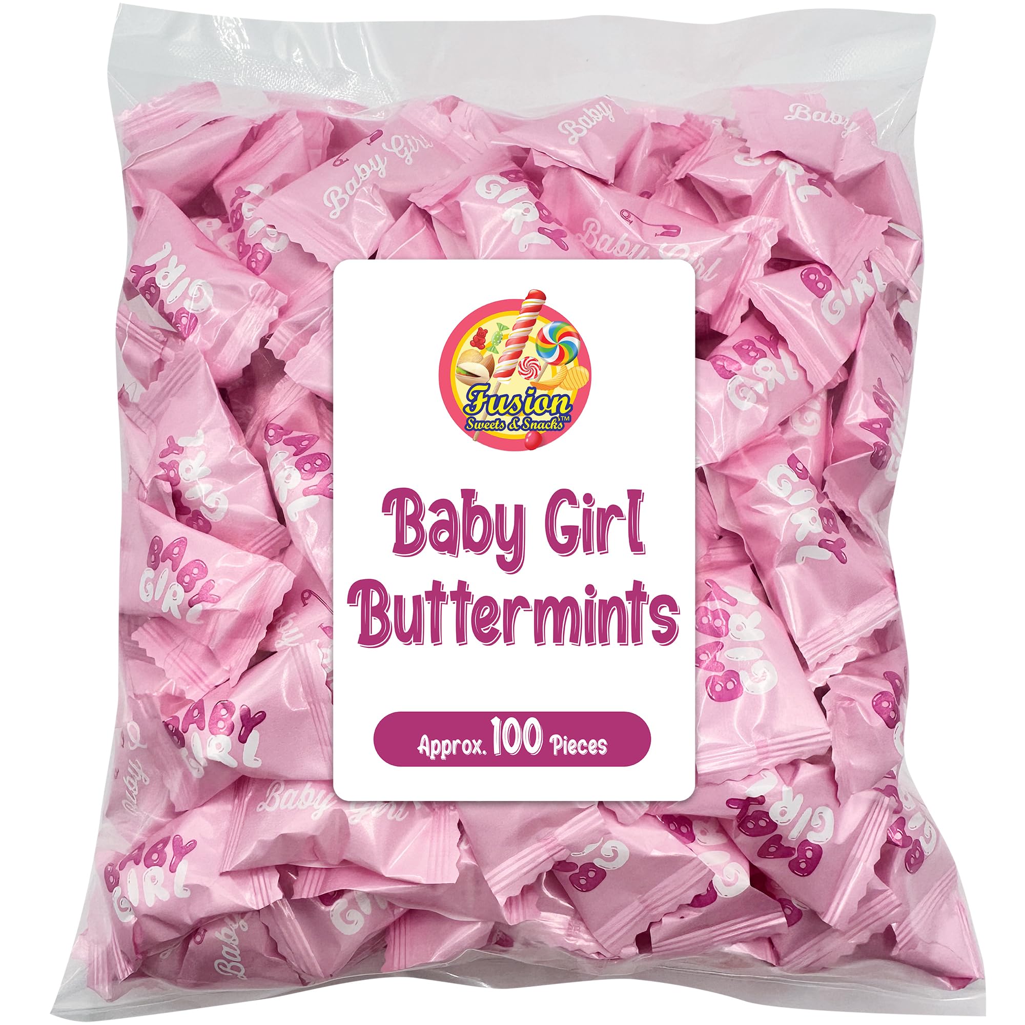 Fusion Sweets Baby Girl Buttermints in pink wrappers for shower favors and candy stations.