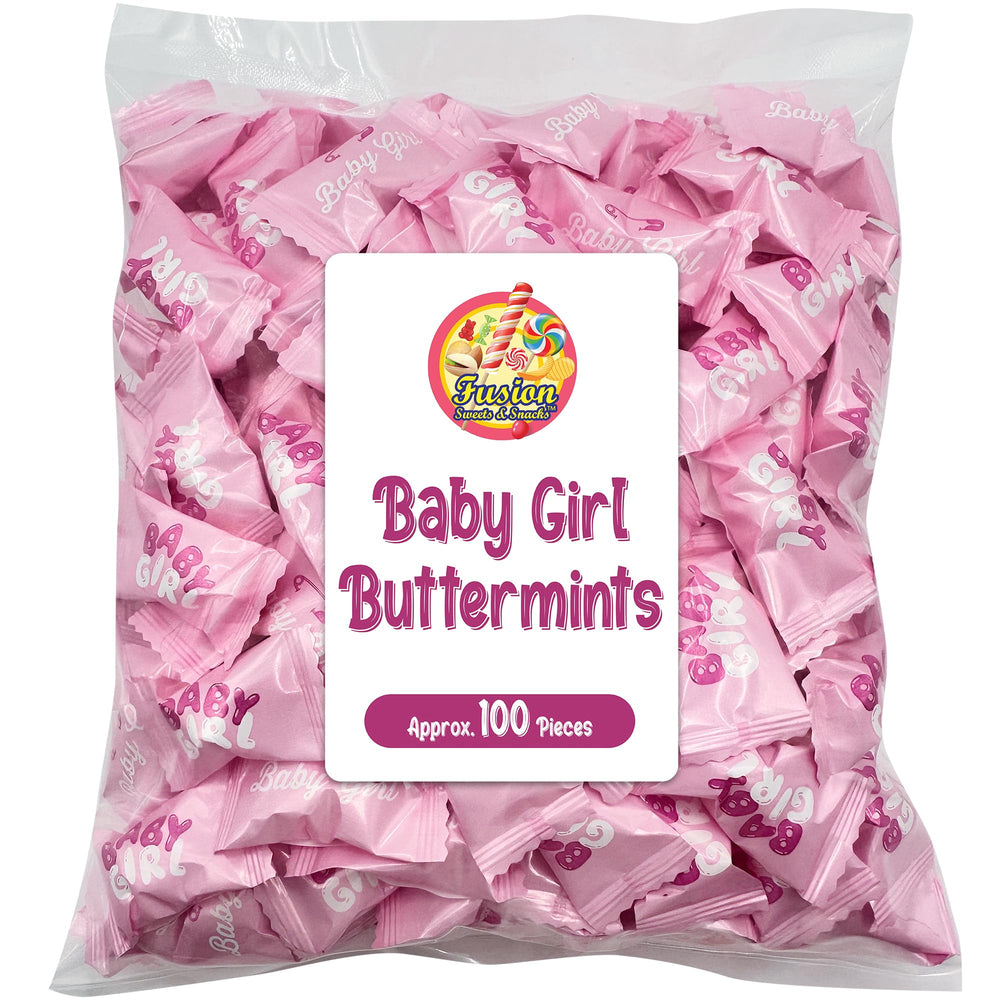 Fusion Sweets Baby Girl Buttermints in pink wrappers for shower favors and candy stations.