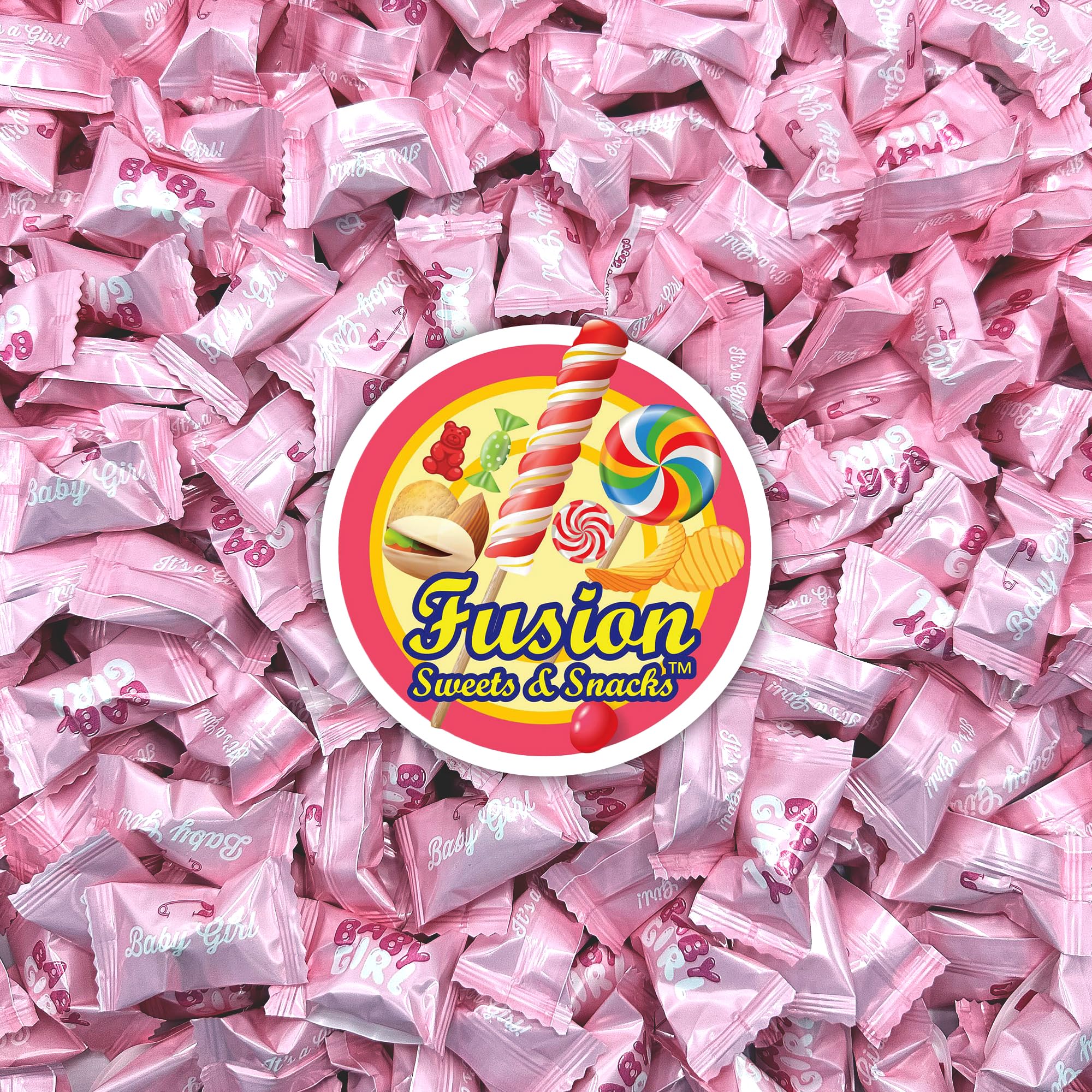 Fusion Sweets Baby Girl Buttermints for gender reveals with pink foil wrappers.